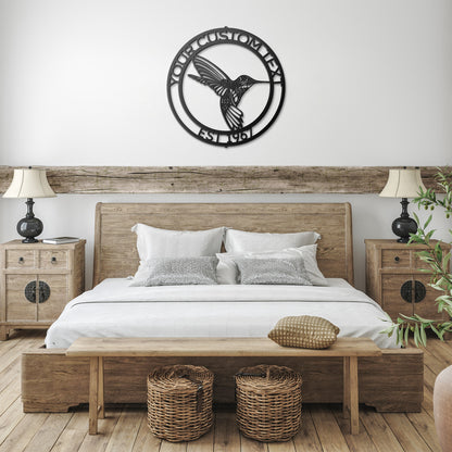 A Personalized Bird Steel Monogram Housewarming Gift featuring a HUMMING BIRD SIGN on elegant metal family wall art.