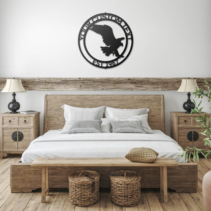 A CUSTOM EAGLE SIGN with an Elegant Family Sign Decor on a wood surface.