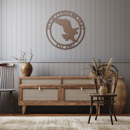 A CUSTOM EAGLE SIGN with an Elegant Family Sign Decor on a wood surface.