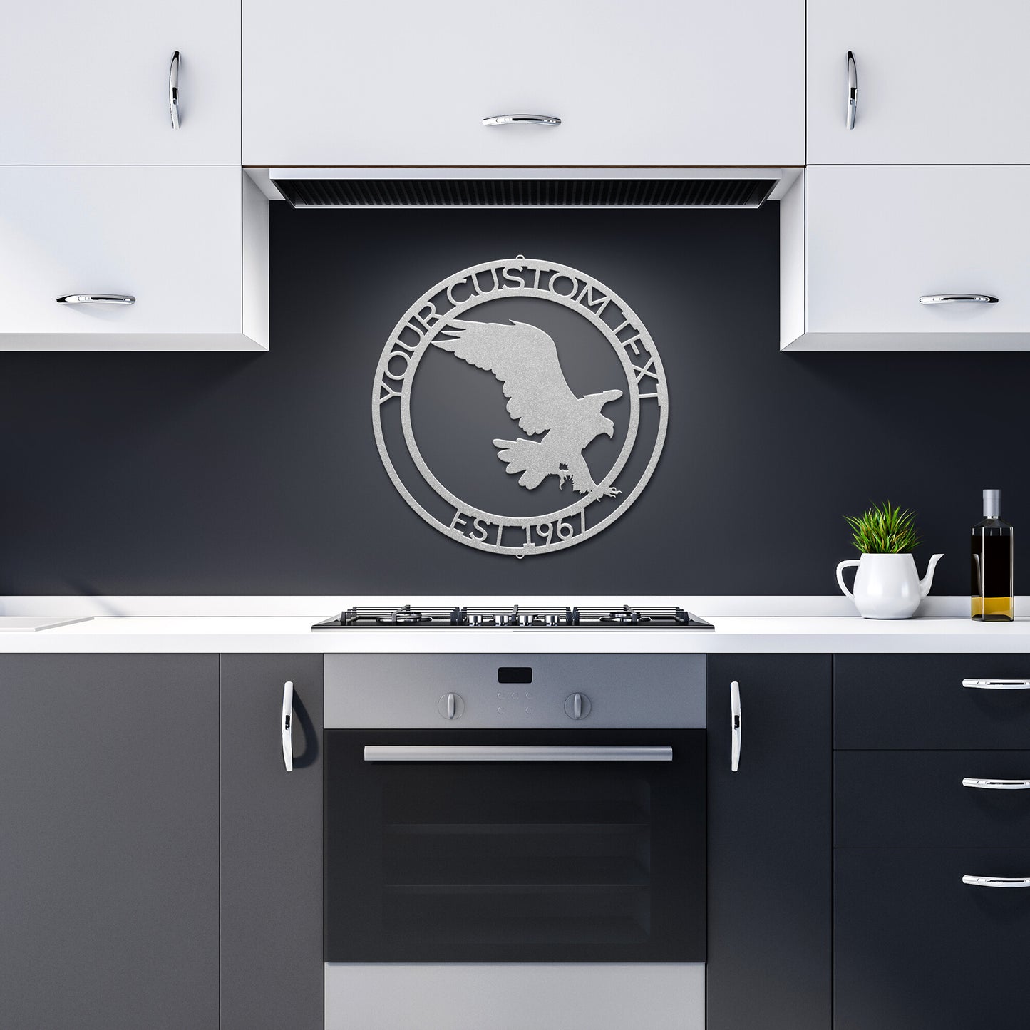 A CUSTOM EAGLE SIGN with an Elegant Family Sign Decor on a wood surface.