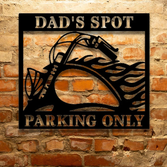 A personalized retro steel sign for dad's parking spot on a brick wall.