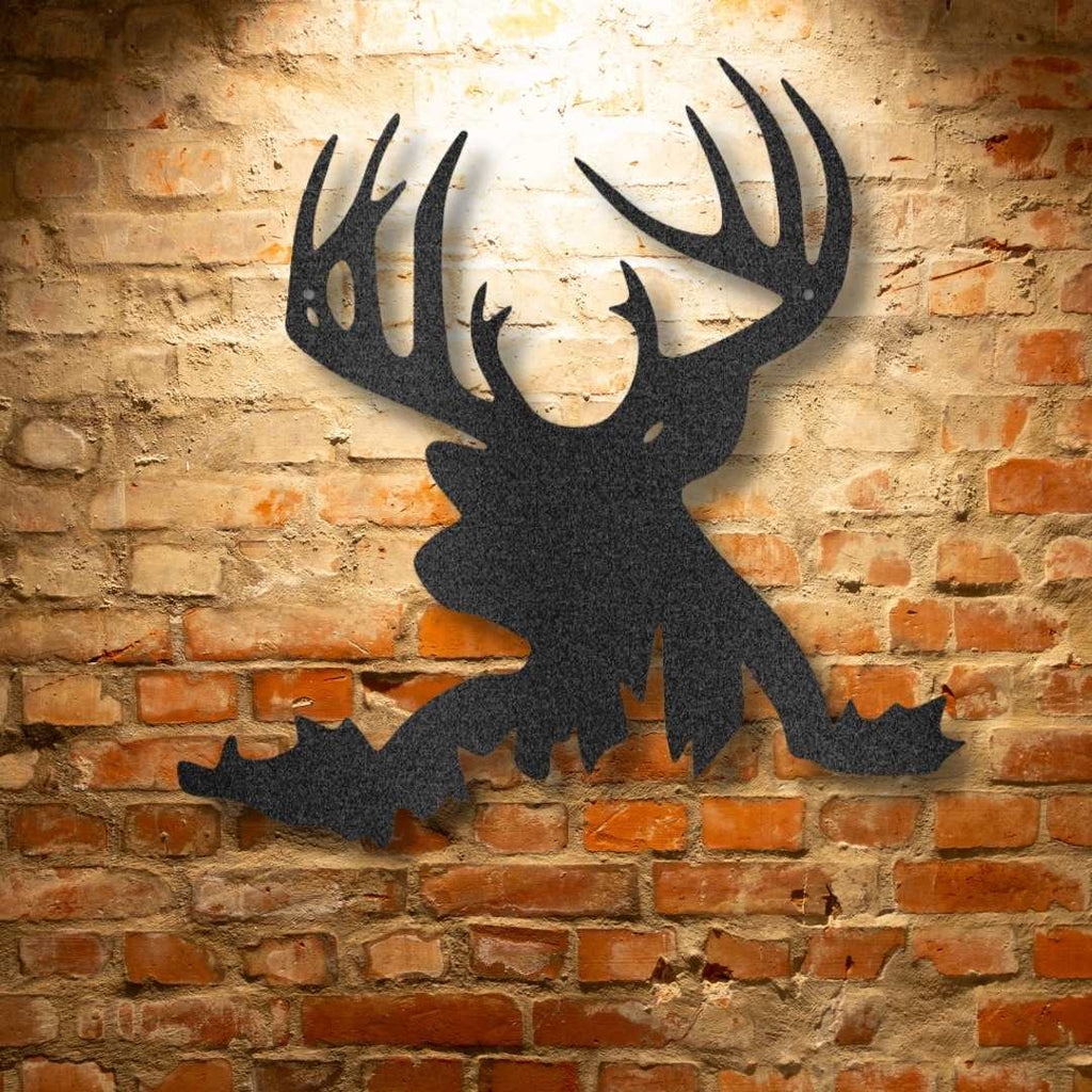 A durable outdoor metal sign featuring a black deer head on a brick wall.