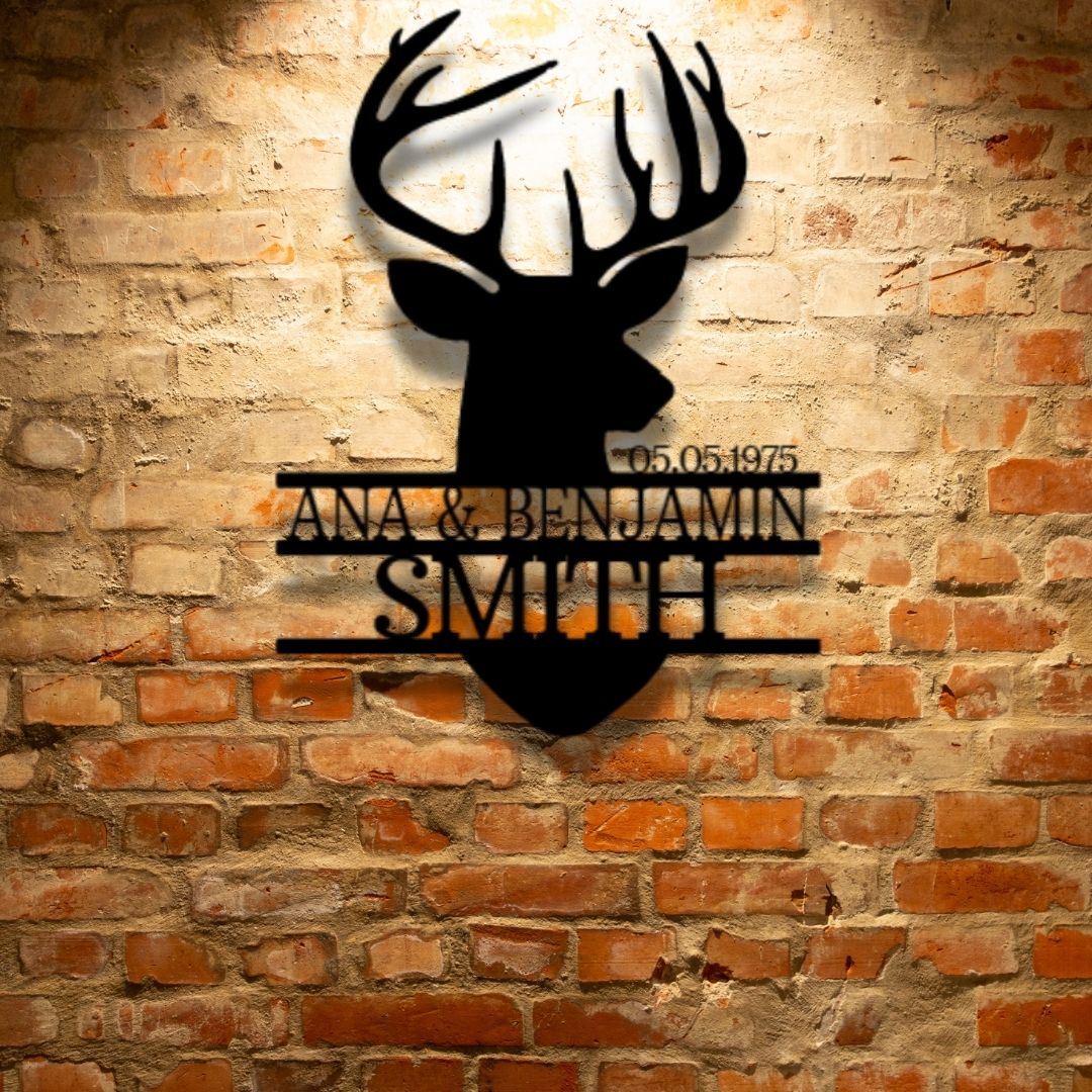 A PERSONALIZED Metal Wall Art Decor featuring a Deer Head Monogram - Steel Sign with the names Anna and Benjamin Smith, perfect for both indoor and outdoor use.