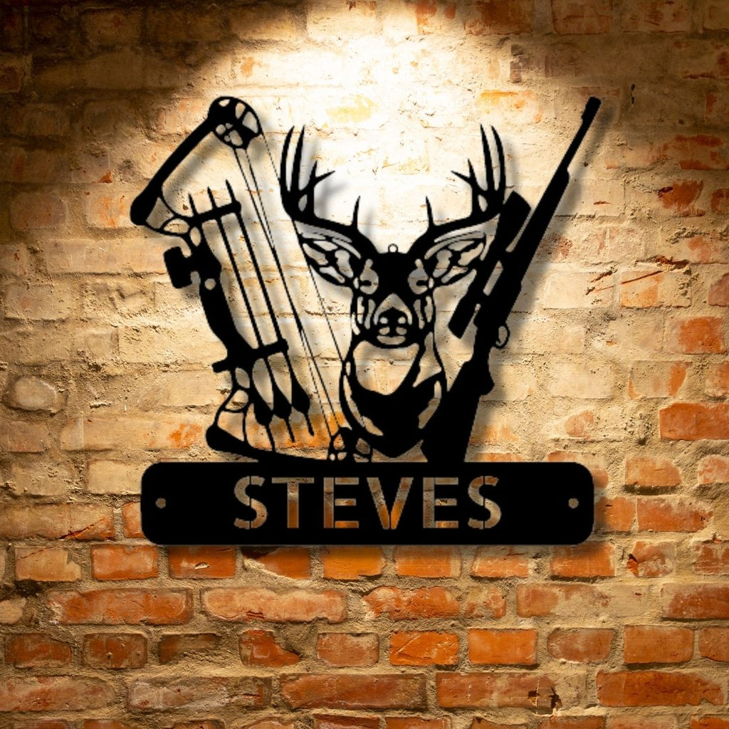 A UNIQUE PERSONALIZED Metal Wall Art Decor featuring a Deer Hunter Monogram on a brick wall.