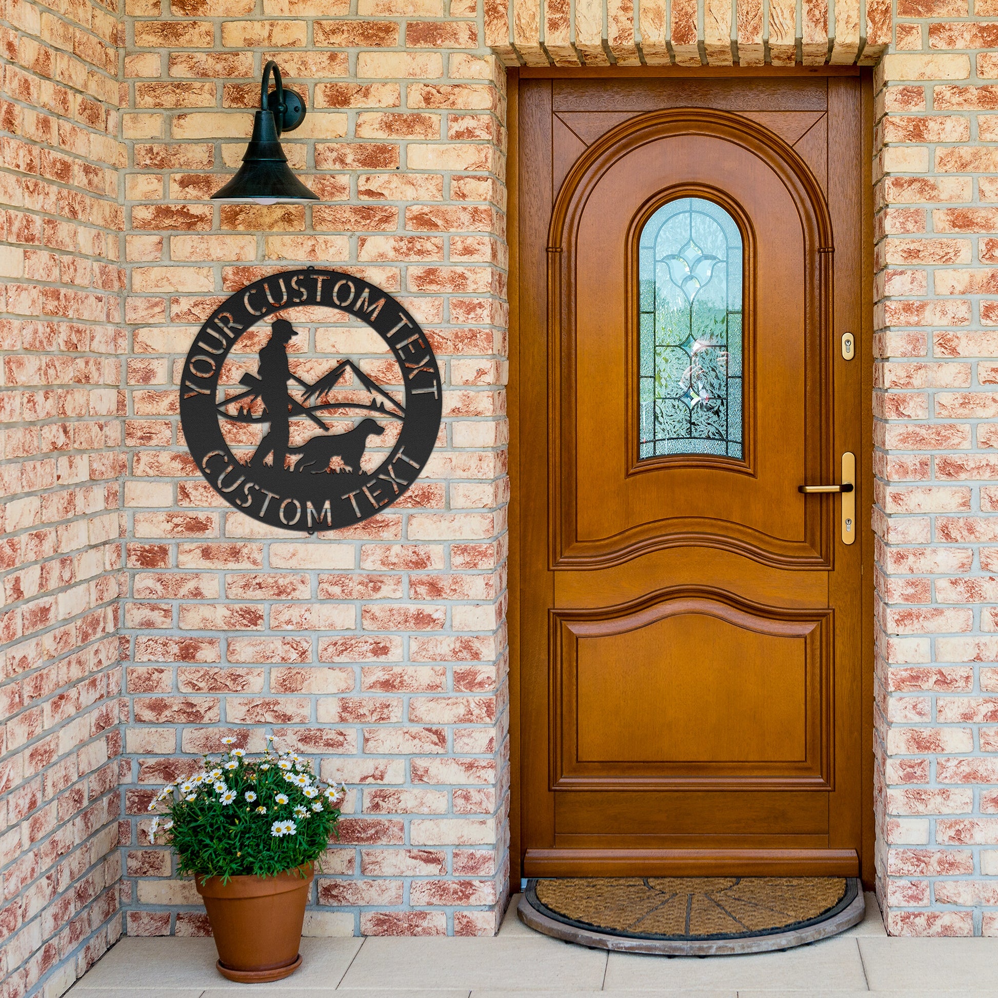 A personalized steel monogram sign featuring a hunter and dog silhouette, a unique metal art gift.