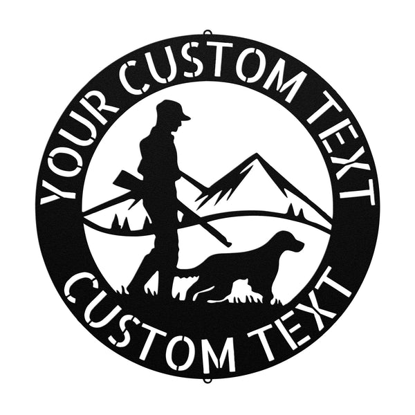 A personalized steel monogram sign featuring a hunter and dog silhouette, a unique metal art gift.