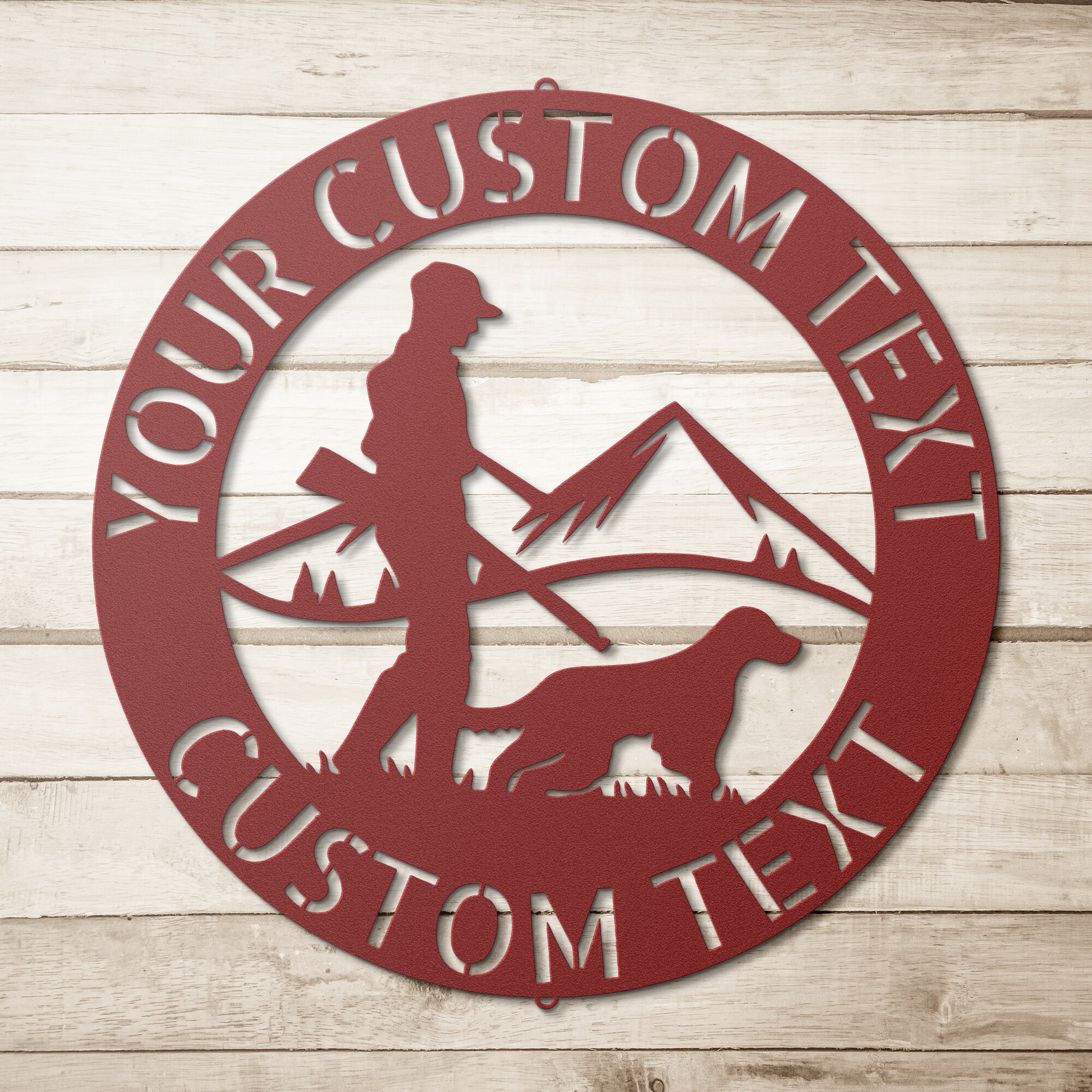 A personalized steel monogram sign featuring a hunter and dog silhouette, a unique metal art gift.