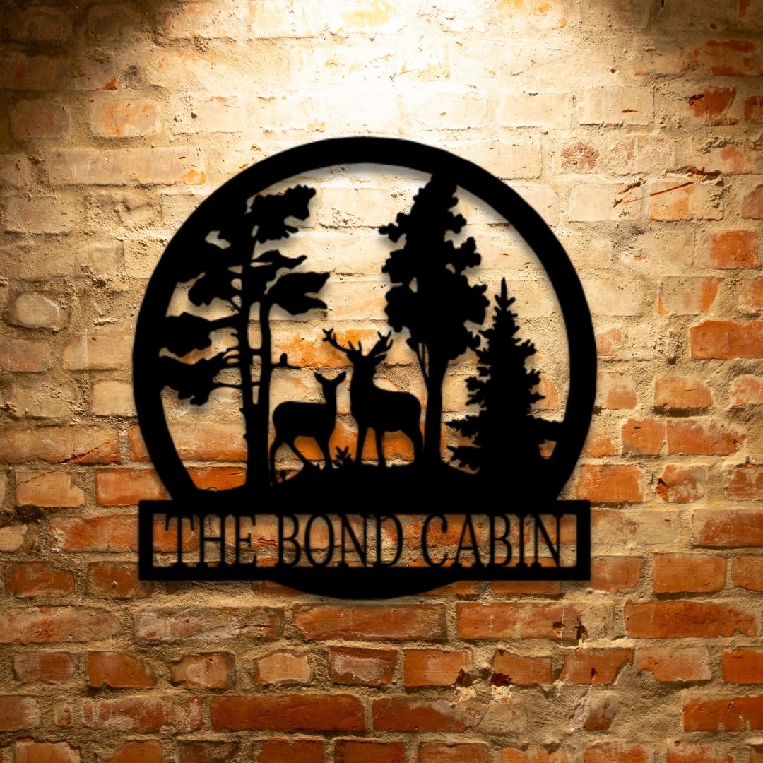 The Durable PERSONALIZED Deer in the Woods - Steel Sign cabin metal sign on a brick wall.