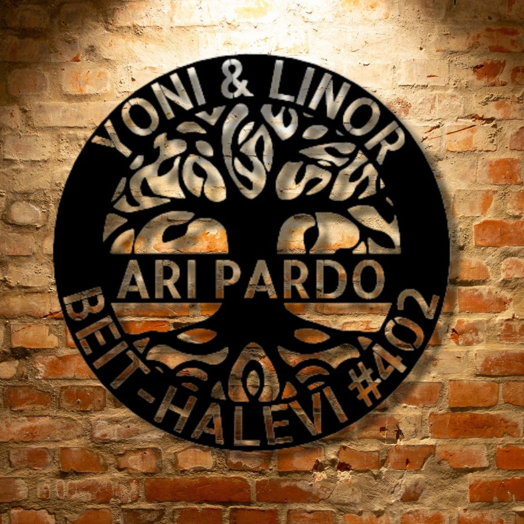 A PERSONALIZED Durable Outdoor Metal Sign - Steel Tree Of Life with the name yoon & linor ari pardo on it.