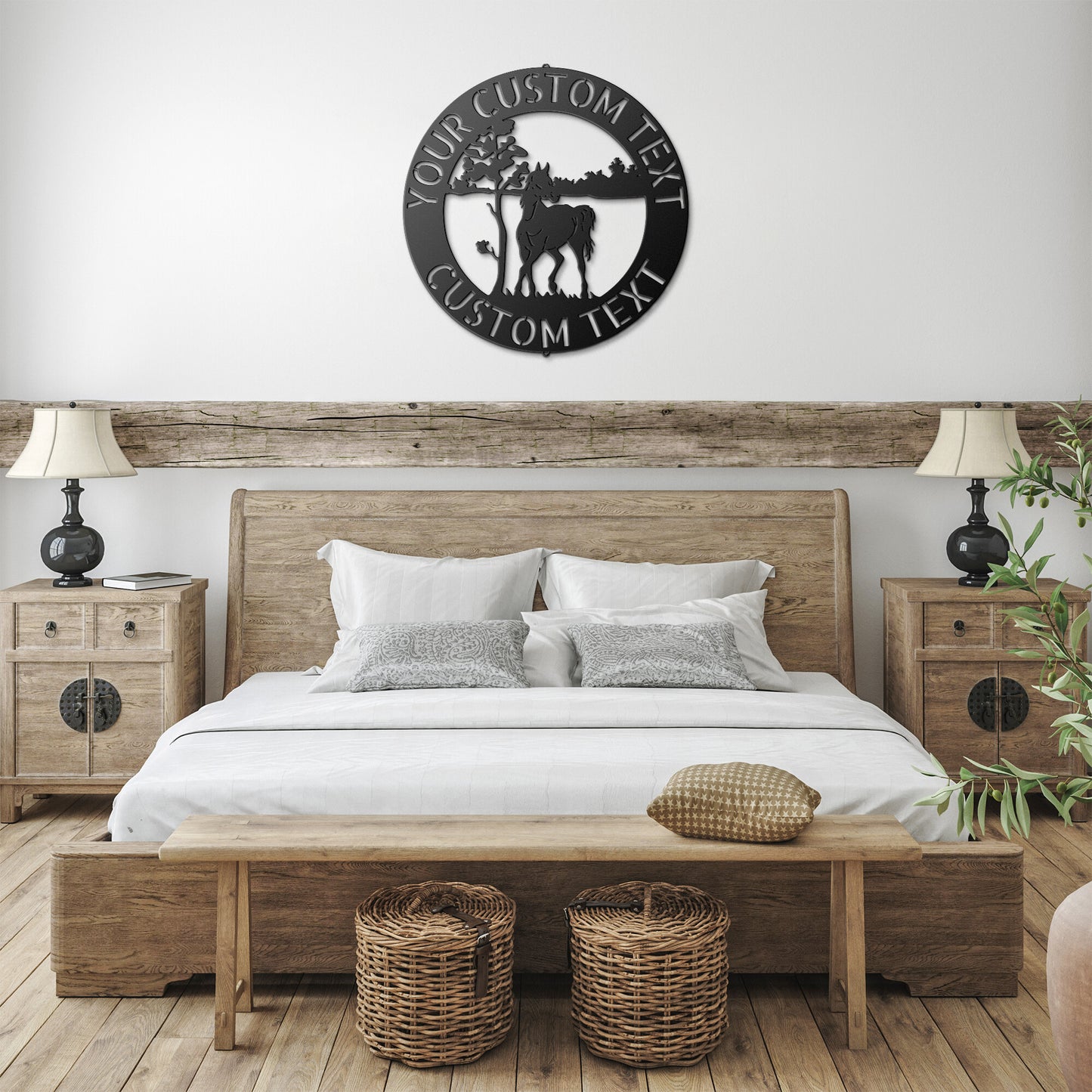 Personalize a custom horse sign on a wood surface with metal monogram family decor.