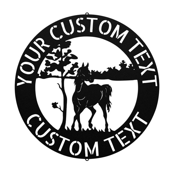 Personalize a custom horse sign on a wood surface with metal monogram family decor.