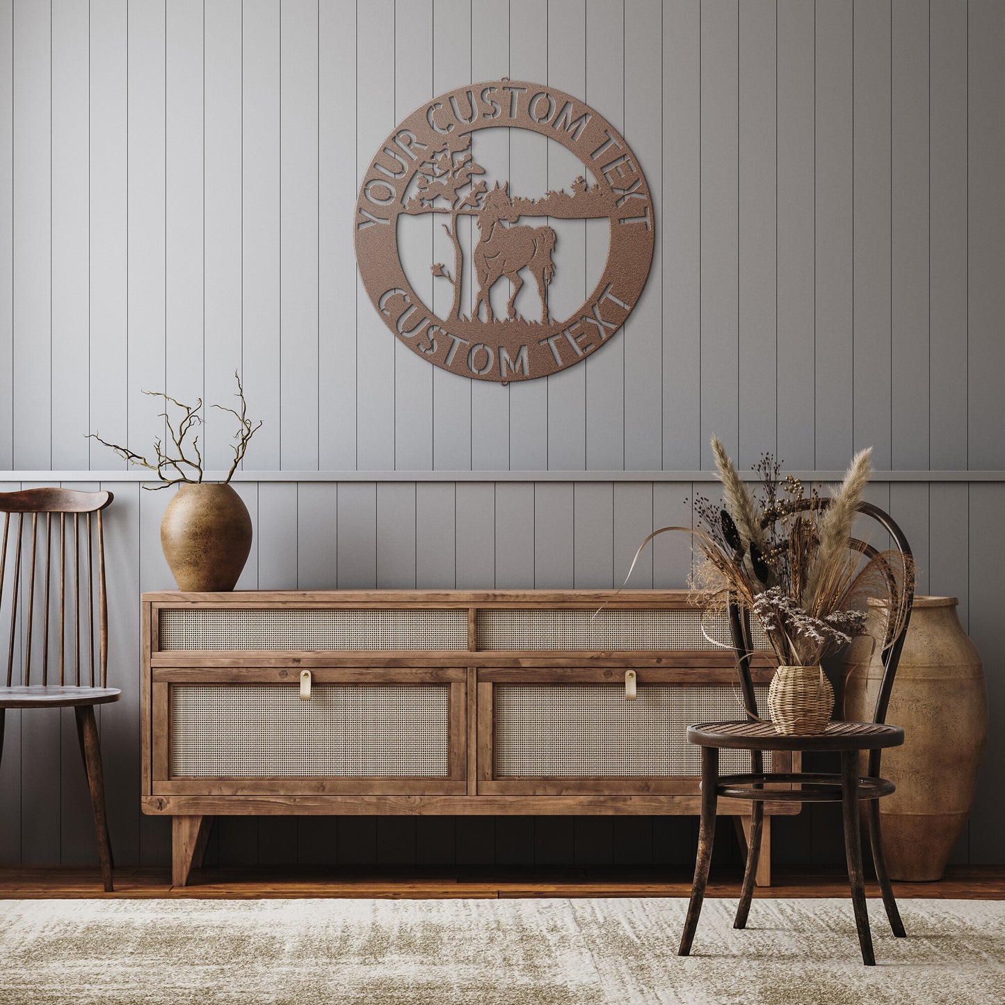 Personalize a custom horse sign on a wood surface with metal monogram family decor.