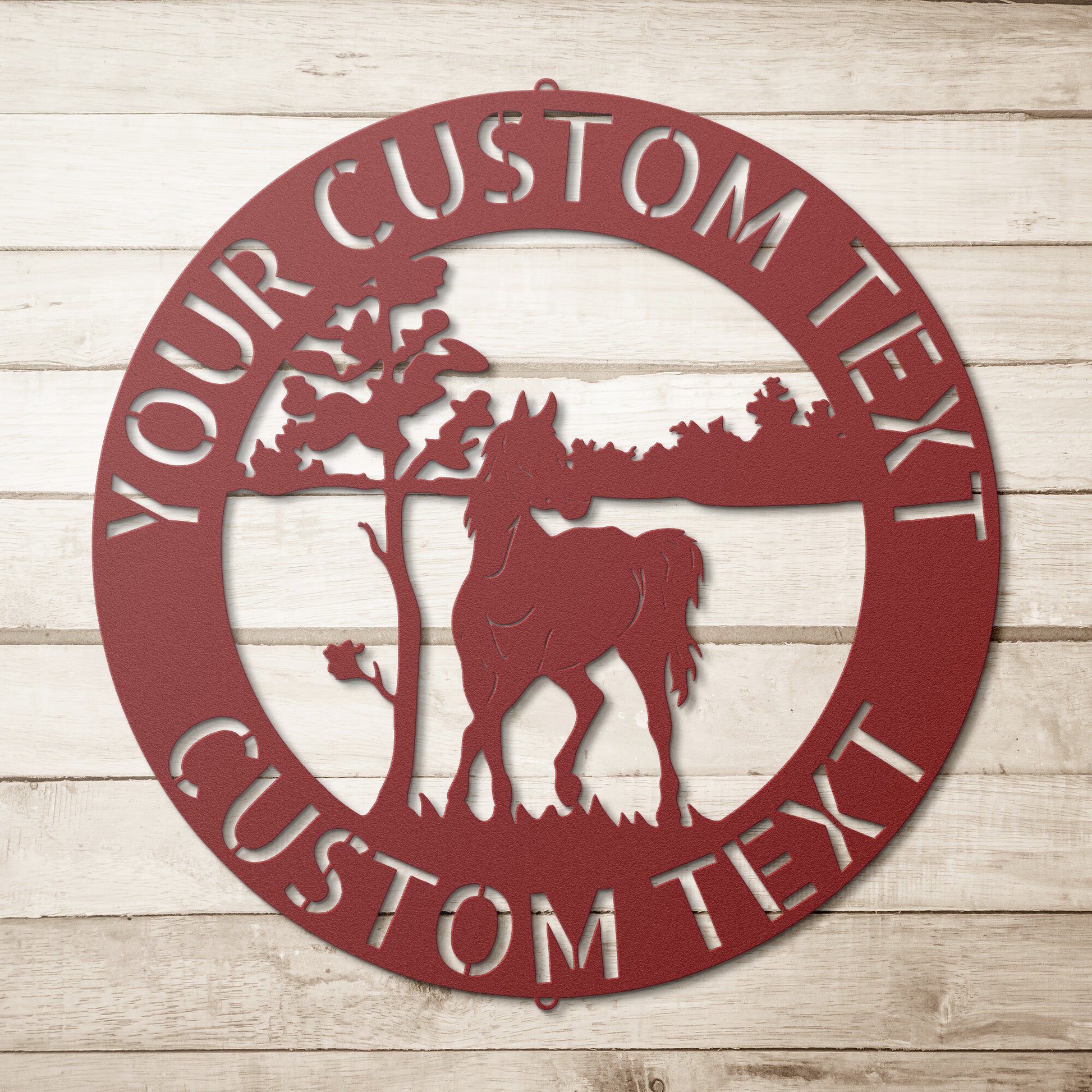 Personalize a custom horse sign on a wood surface with metal monogram family decor.