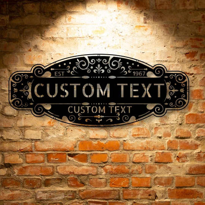 A CUSTOM FAMILY VINTAGE SIGN on a brick wall.