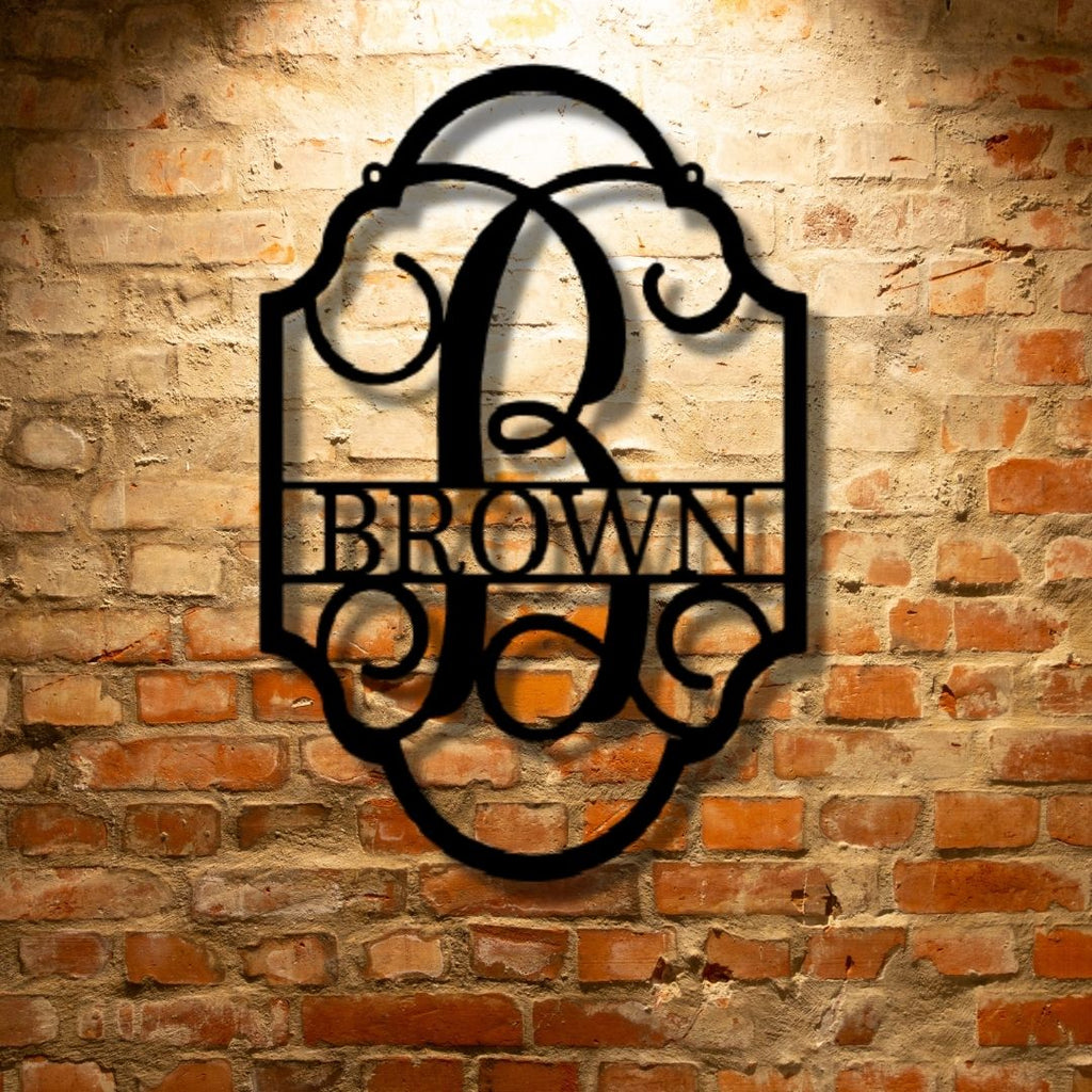 A Personalized Steel Sign with the unique family name "Brown" on it, perfect for durable outdoor metal art gifts.