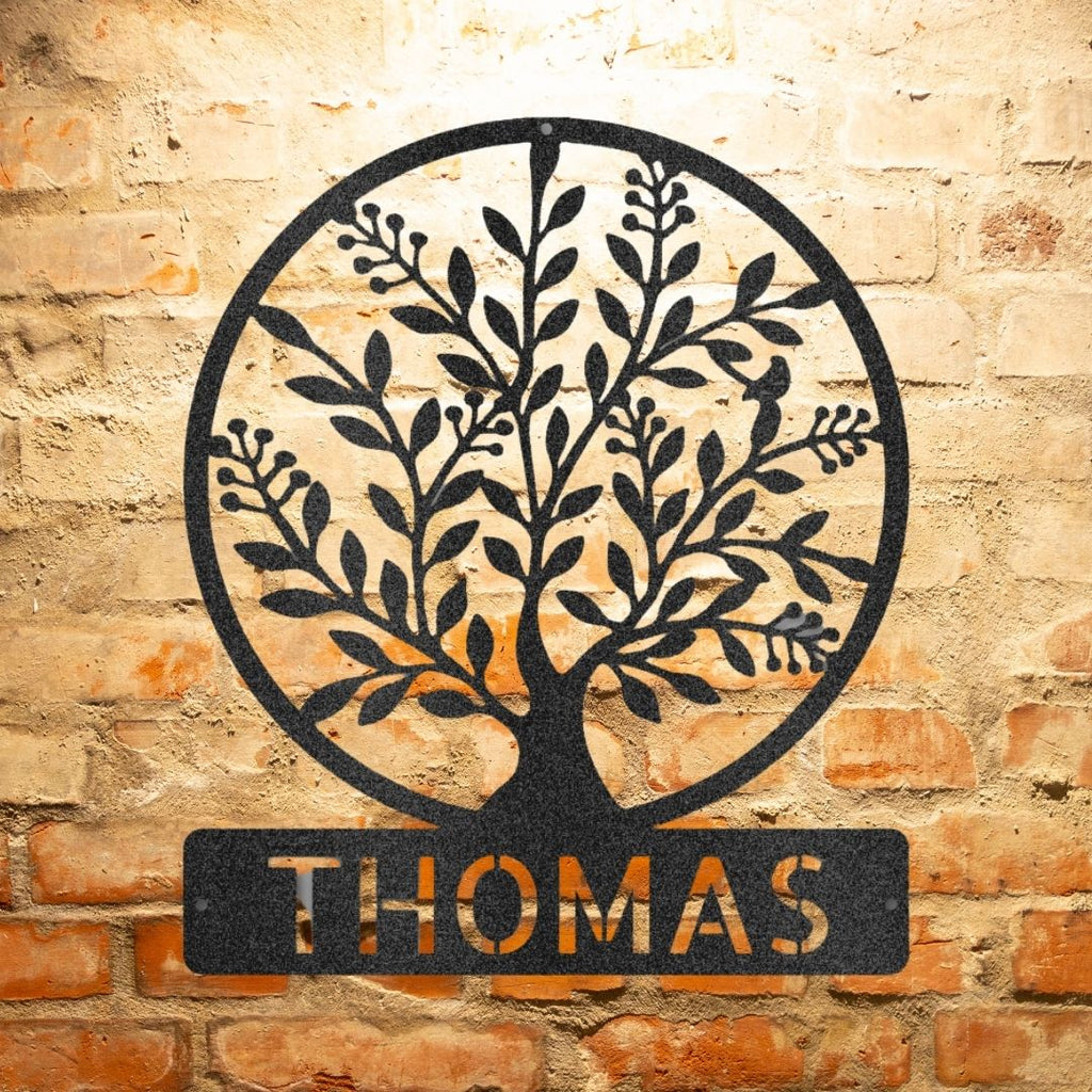 A Personalized Family Tree Monogram - Steel Sign displayed elegantly on a brick wall.