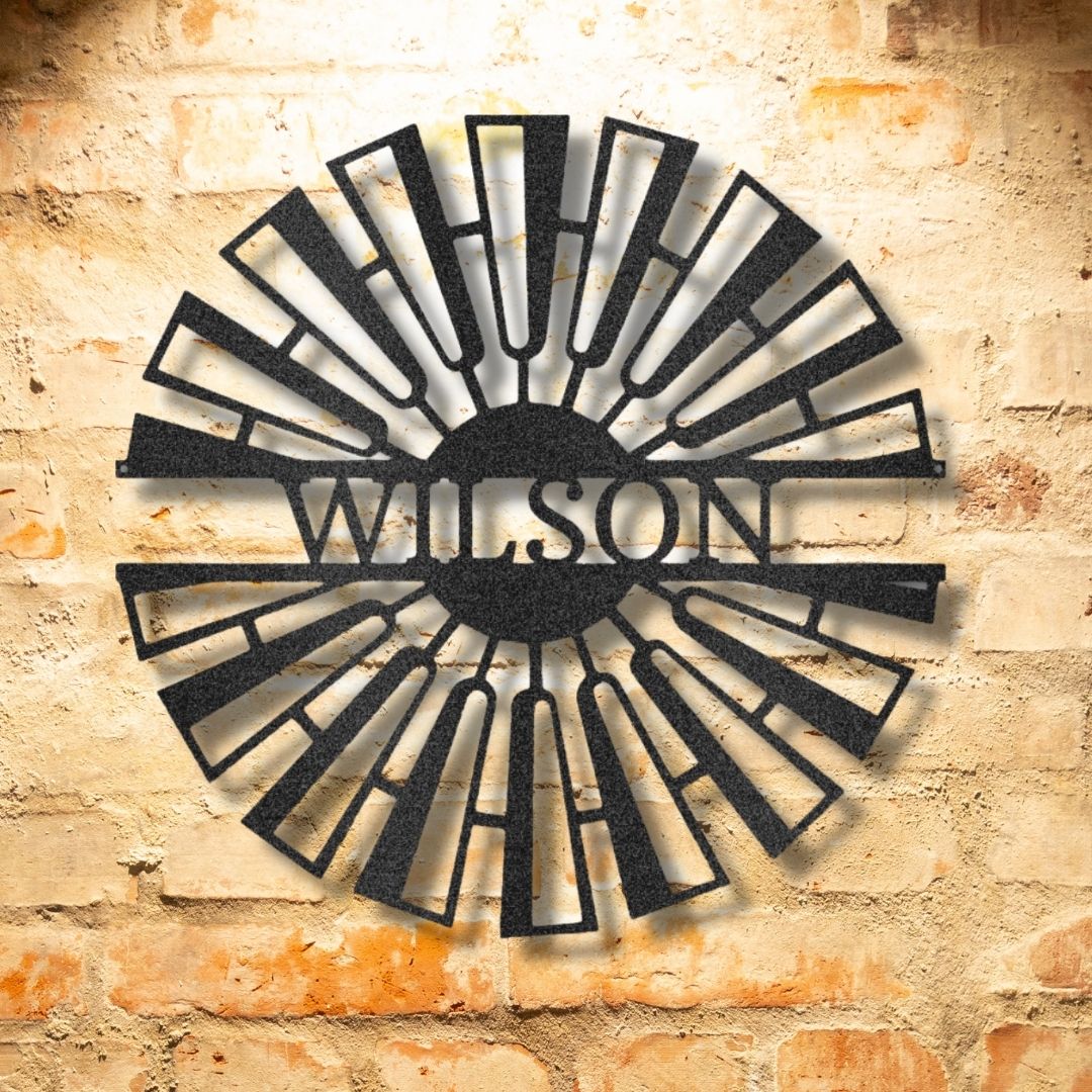 A personalized metal wall art featuring the word Fancy Farm Windmill Monogram - Steel Sign.