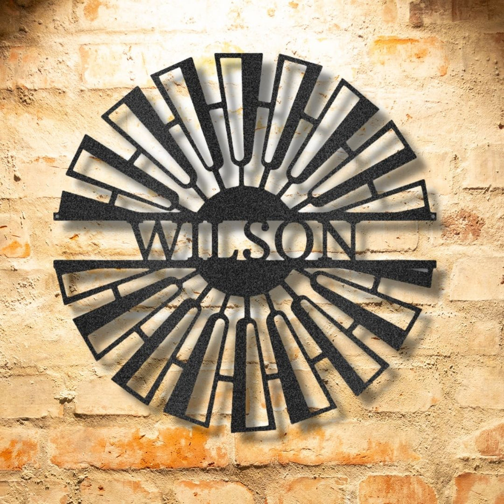 A personalized metal wall art featuring the word Fancy Farm Windmill Monogram - Steel Sign.