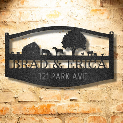 Custom Metal Farm Scene Address Sign with Monogram.