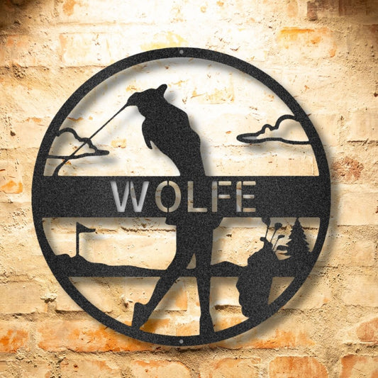 The Female Golfer Monogram - Durable Outdoor Metal Signs in a circle on a brick wall.