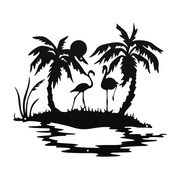 The Flamingo Personalized Steel Monogram Wall Art Home Décor and palm trees on a wooden background.