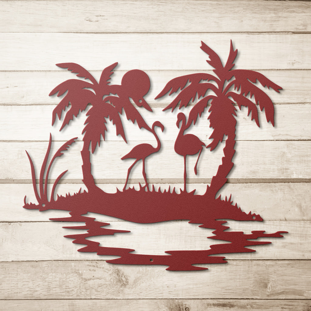 The Flamingo Personalized Steel Monogram Wall Art Home Décor and palm trees on a wooden background.