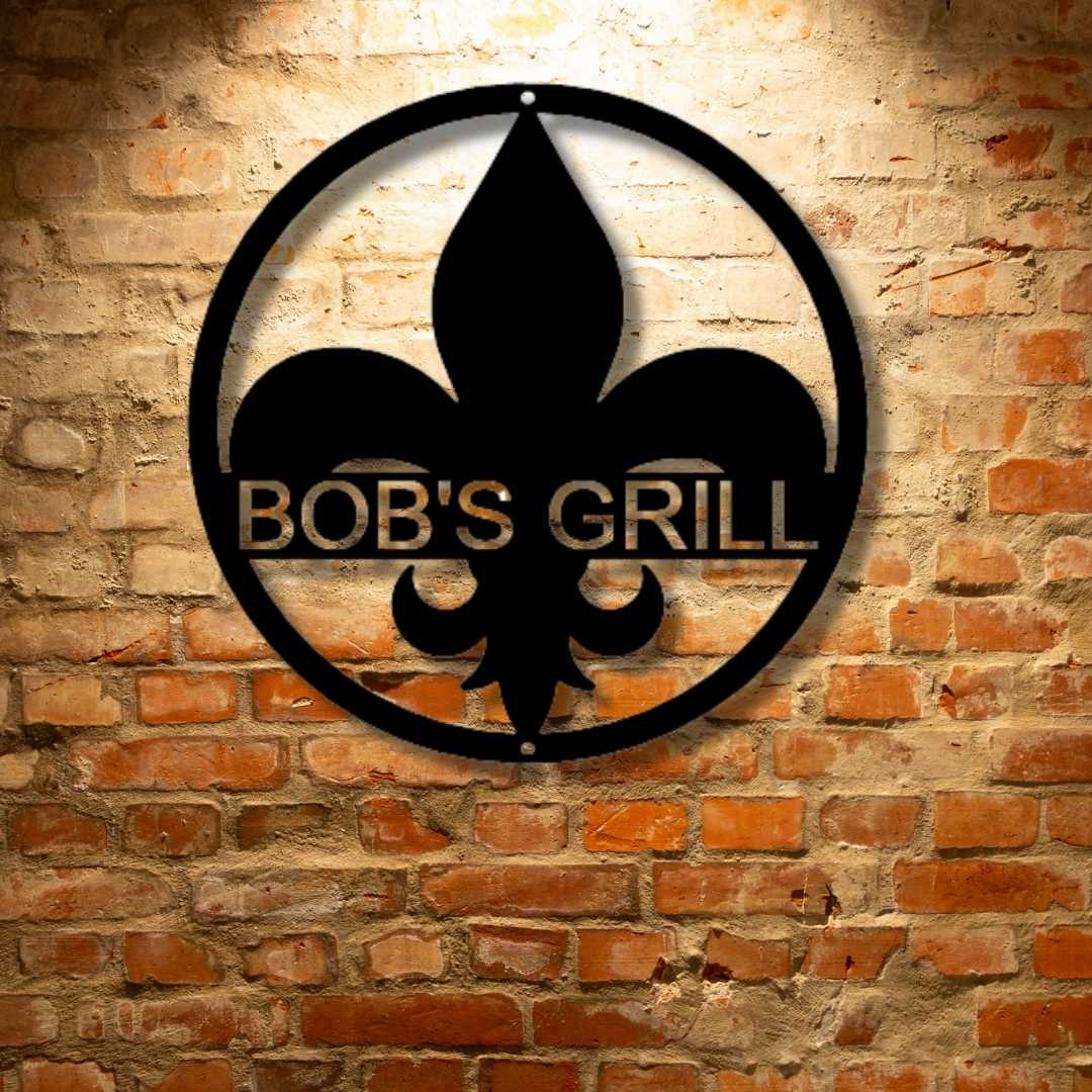 Bob's Customized Fleur De Lis Monogram - Steel Sign logo on a brick wall.