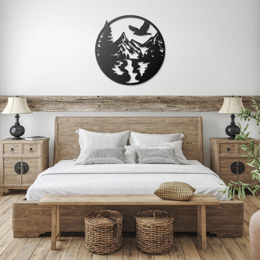 A customized bedroom with a wooden bed and unique metal art gifts, including the Flying Over The River - Personalized Steel Monogram Home Decor.