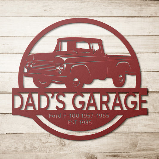 A customized car garage sign named "CAR GARAGE SIGN" features a vintage Ford F-100 truck silhouette from the years "1957-1960," includes the phrase "Dad's Garage," and is set against a classic wooden background, making it perfect for adding a touch of nostalgic interior style.