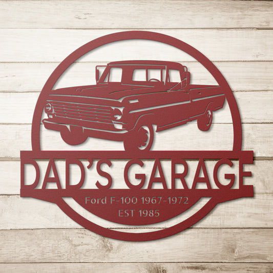 This customized "Dad's Garage" sign, made from durable 18-gauge steel and coated with a long-lasting powder finish, features a vintage Ford F-100 truck design. It includes personalized text such as "Ford F-100 1967-1972" and "EST 1985" on a wood-patterned background, reflecting the essence of the DADS GARAGE SIGN - Customized Car Ford F-100 1967-1972 Steel Monogram product.