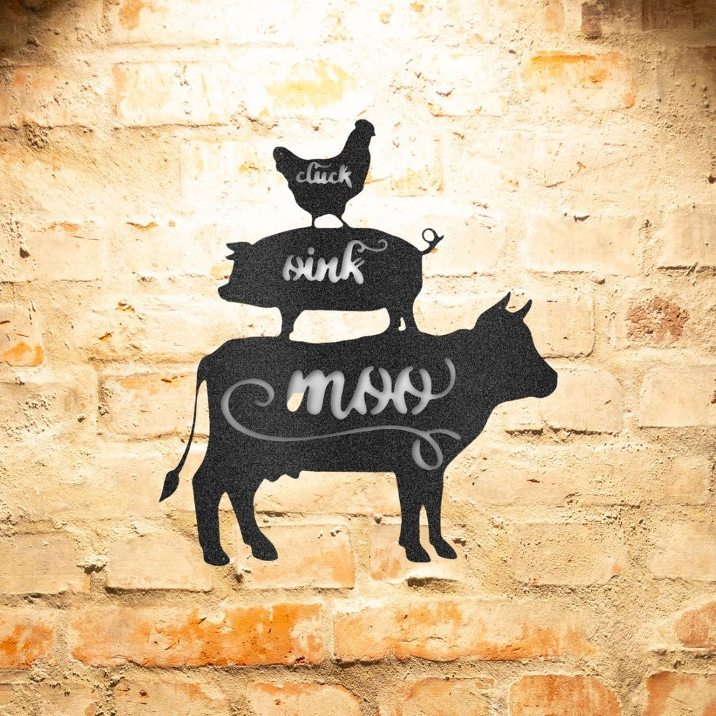 A durable outdoor metal sign featuring a custom handmade design of farm animals on top of a brick wall.