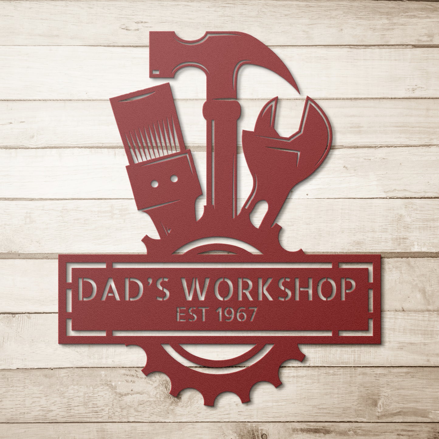 Personalized Steel Monogram Metal Wall Art Decor with dad's Workshop Established.