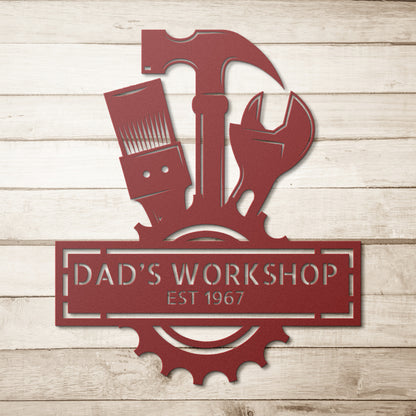 Personalized Steel Monogram Metal Wall Art Decor with dad's Workshop Established.