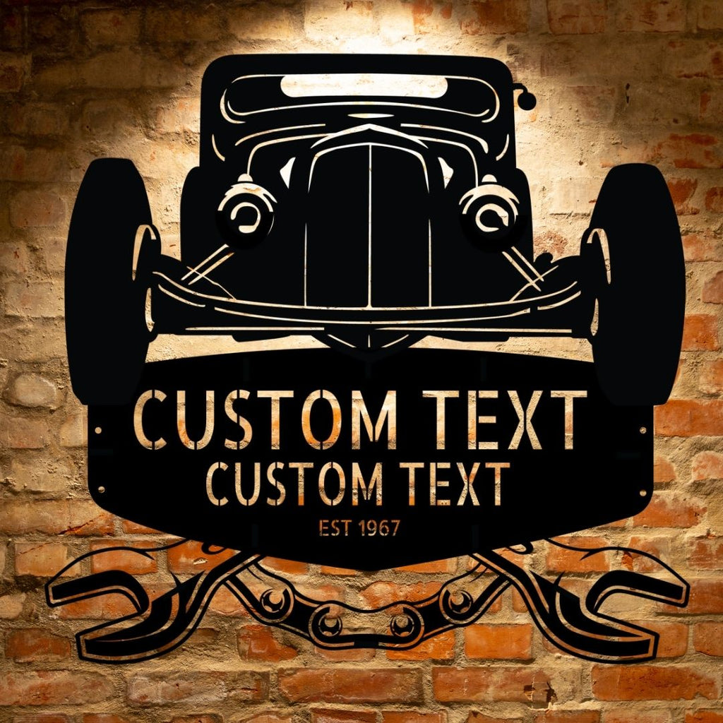 A customized vintage car sign that adds a touch of retro garage decor to any home or workshop.