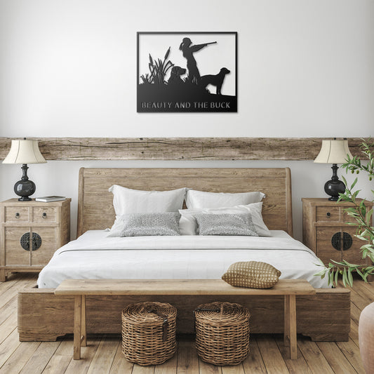 A rustic bedroom showcases a wooden bed, nightstands, and lamps, highlighted by a metal sign featuring the phrase "HUNTER AND DOG" above. Underneath a wooden bench rest two woven baskets, enhancing the charming home decor.