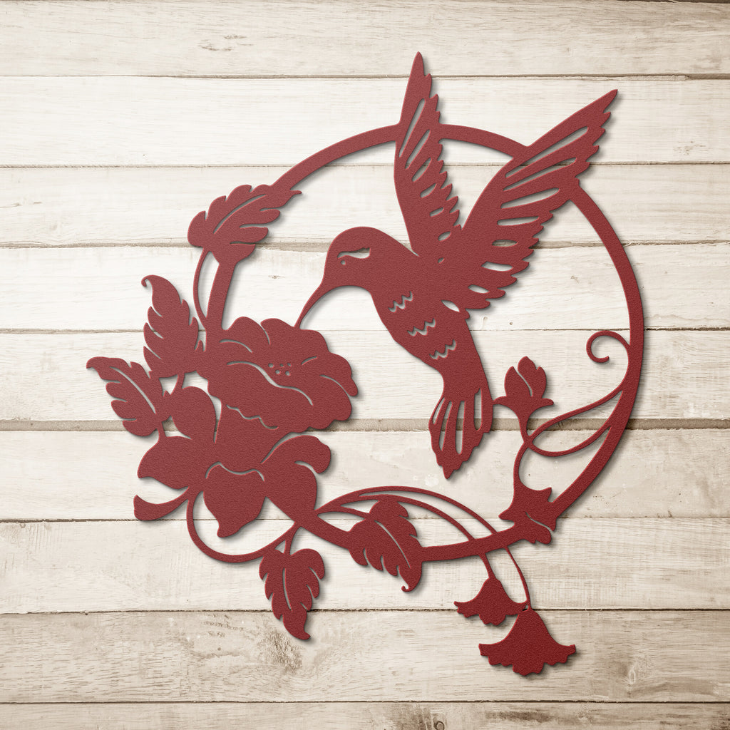 A Personalized, Durable Steel Monogram Bird Wall Art Decor Sign on a wooden background.