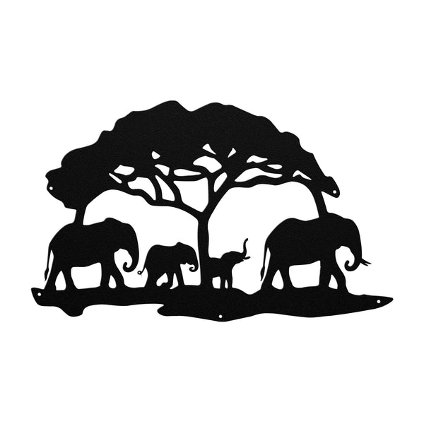 A Personalized Steel Monogram Wall Art Decor featuring a Happy Elephants Family under a tree on a wooden background.
