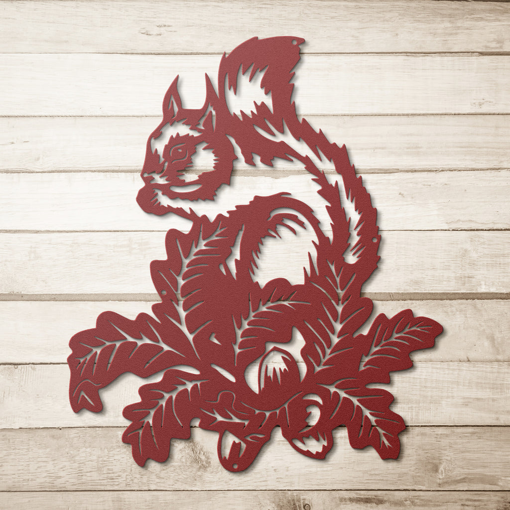 A Personalized Steel Monogram Wall Art Home Decor featuring a Happy Squirrel with leaves on a wooden background.