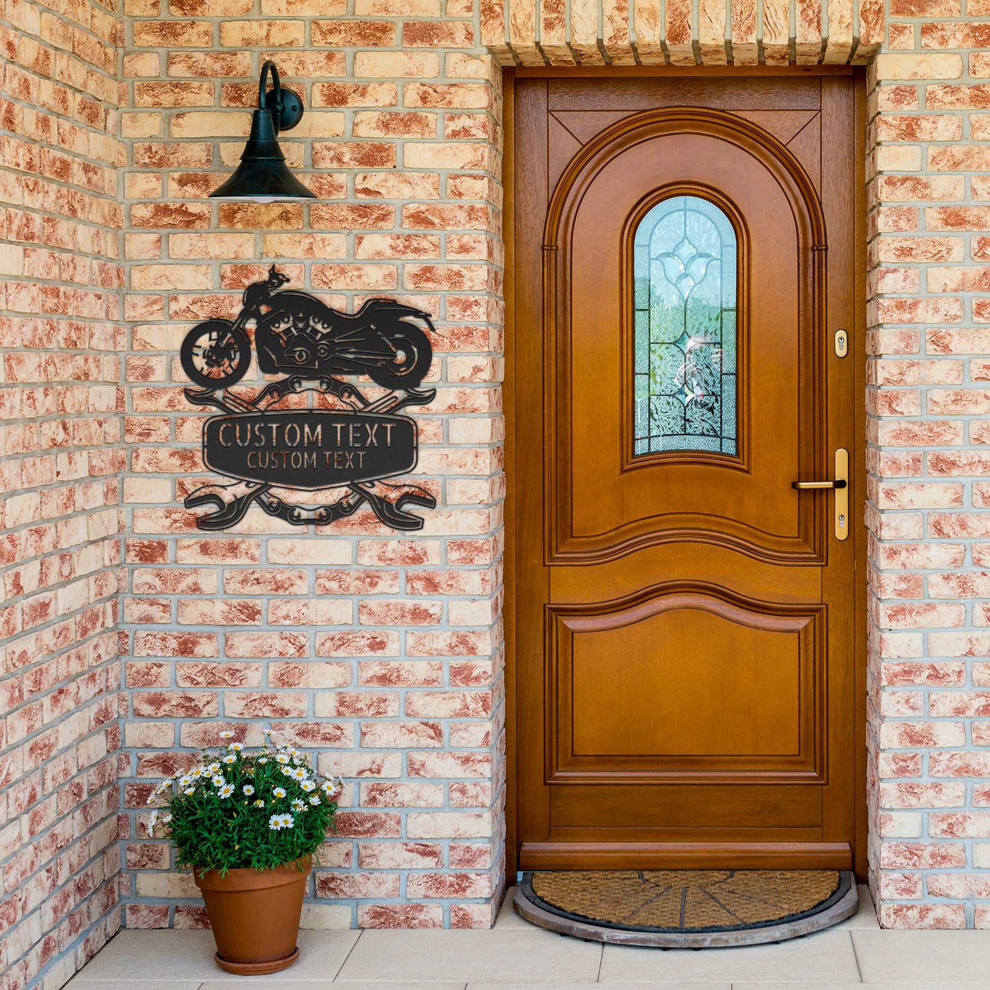 Harley Davidson Workshop Steel Monogram Wall Art Home Decor featuring wrenches on a brick wall perfectly suits personalized garage decor.