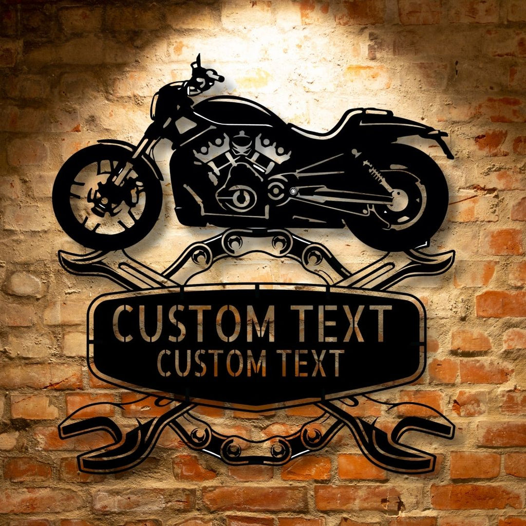 Harley Davidson Workshop Steel Monogram Wall Art Home Decor featuring wrenches on a brick wall perfectly suits personalized garage decor.
