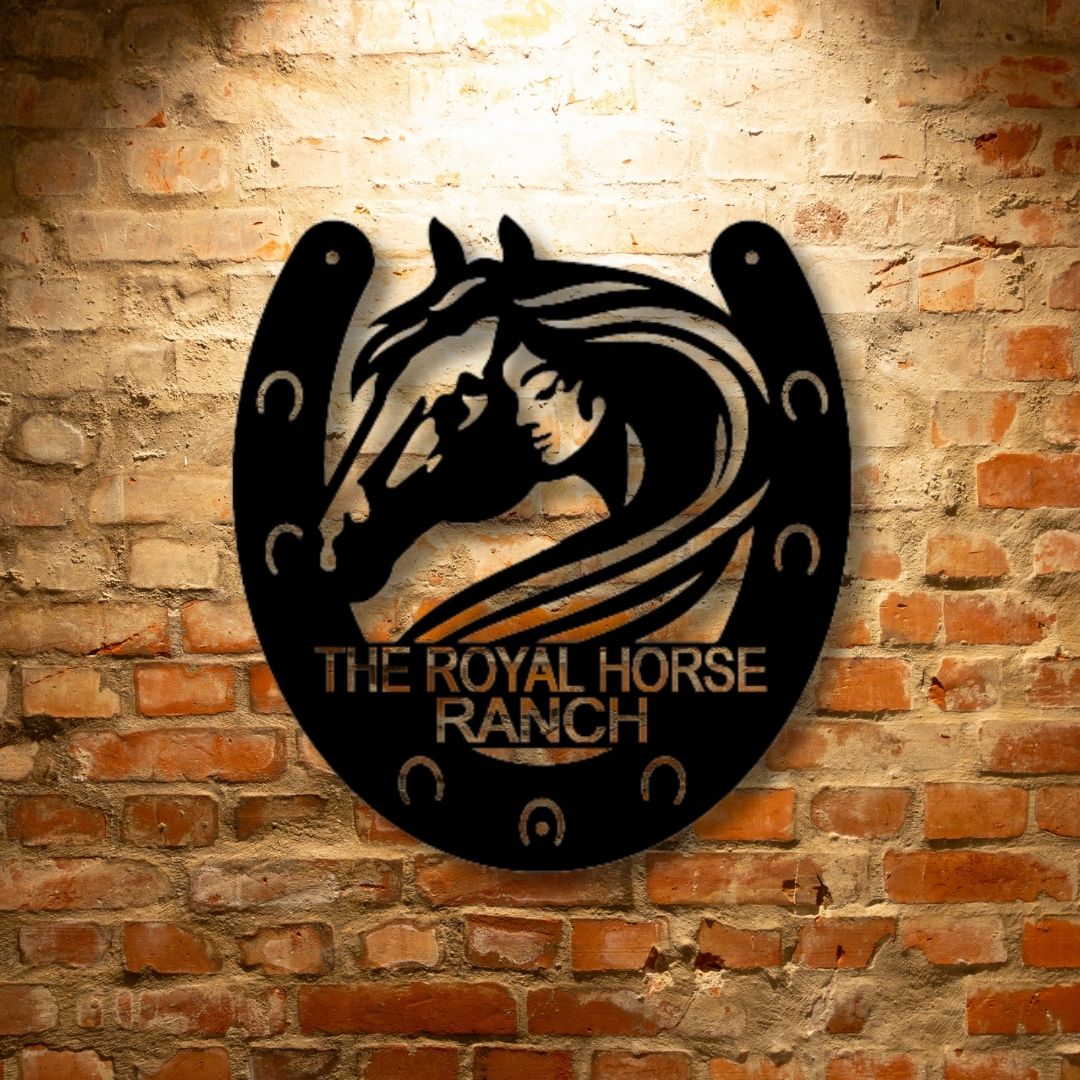 The CUSTOM Horse Owner Monogram - Steel Sign logo on a brick wall.