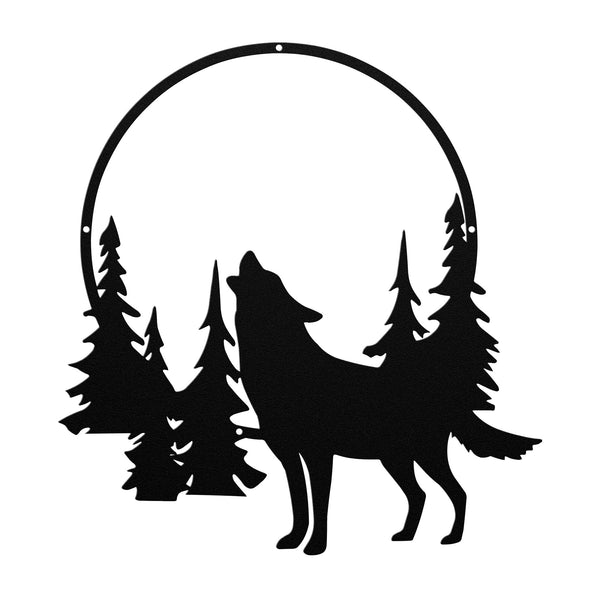 A Unique Metal Art Gift: A Howling Wolf Steel Monogram Wall Art Home Decor in the woods.