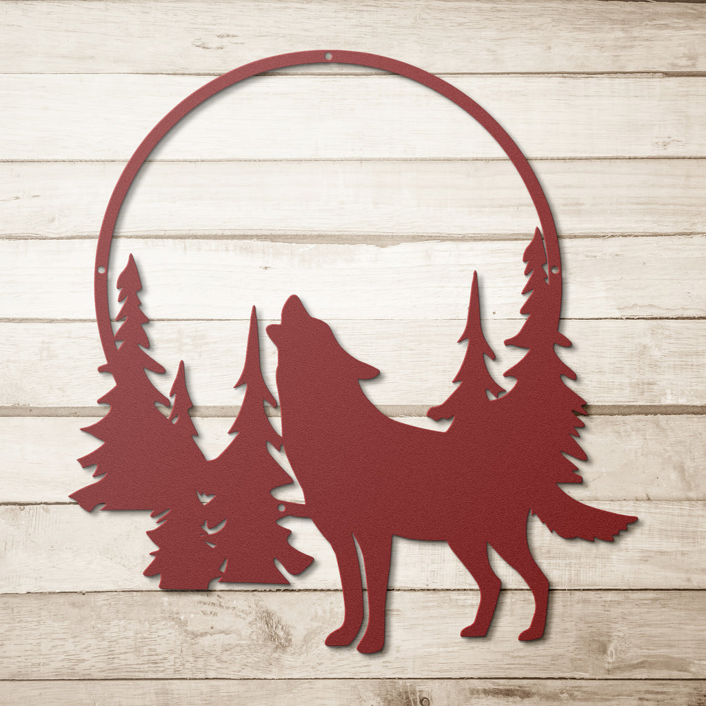 A Unique Metal Art Gift: A Howling Wolf Steel Monogram Wall Art Home Decor in the woods.