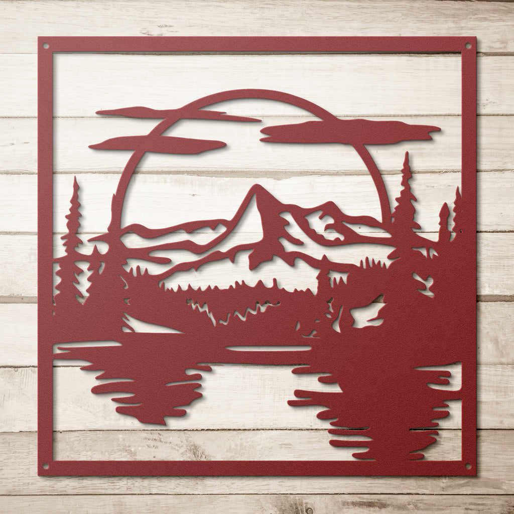 A unique Lakeview Steel Monogram Wall Art Home Decor featuring a mountain and lake in the background.