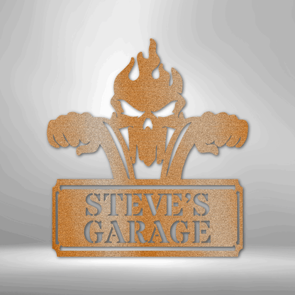 Rough Ride Monogram - Steel Sign on a brick wall, personalized garage sign.