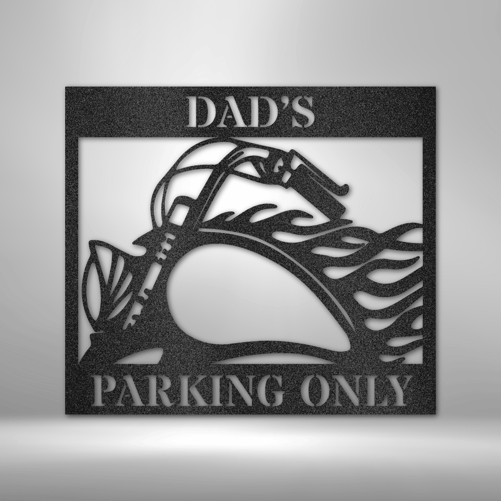 A personalized retro steel sign for dad's parking spot on a brick wall.