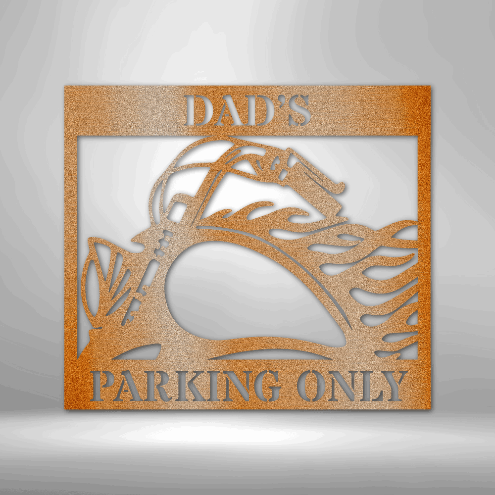 A personalized retro steel sign for dad's parking spot on a brick wall.