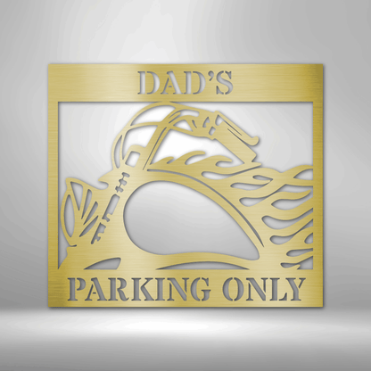 A personalized retro steel sign for dad's parking spot on a brick wall.