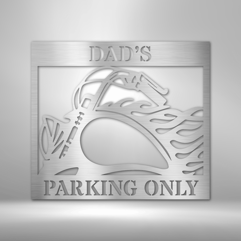 A personalized retro steel sign for dad's parking spot on a brick wall.