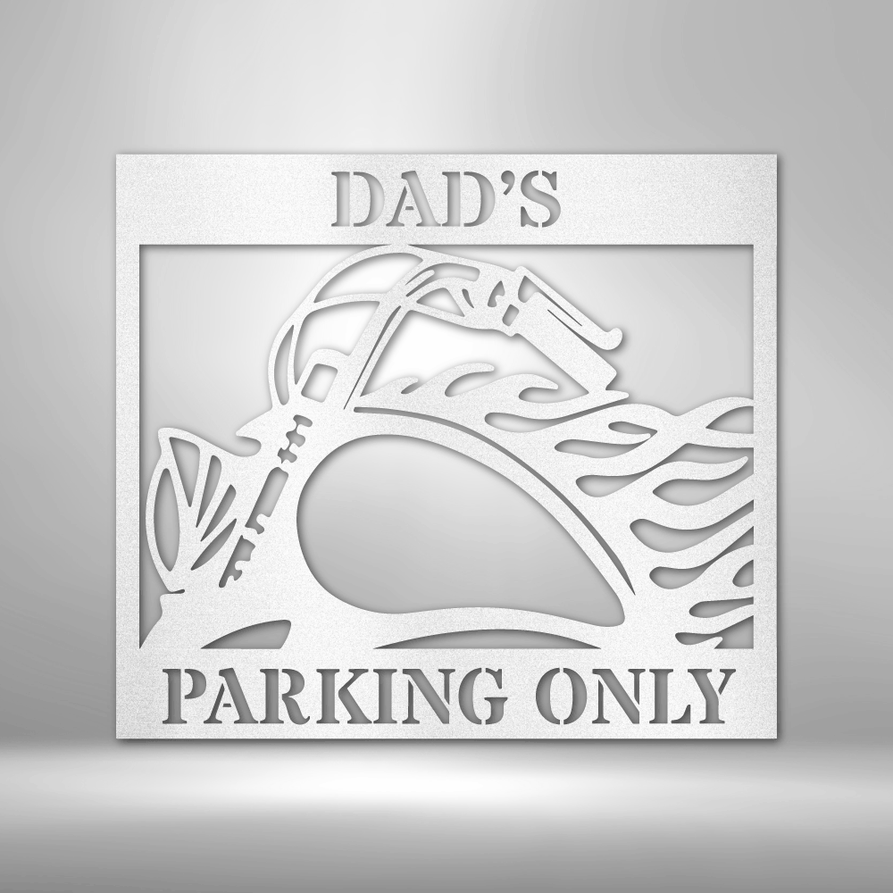 A personalized retro steel sign for dad's parking spot on a brick wall.